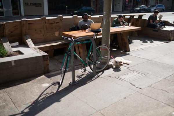 People sitting at the outside parklet