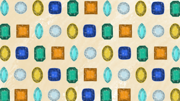 Illustration of assorted gemstones in a pattern