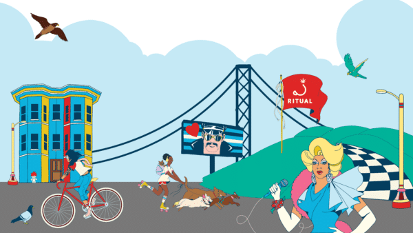 Canned coffee characters with the background of San Francisco