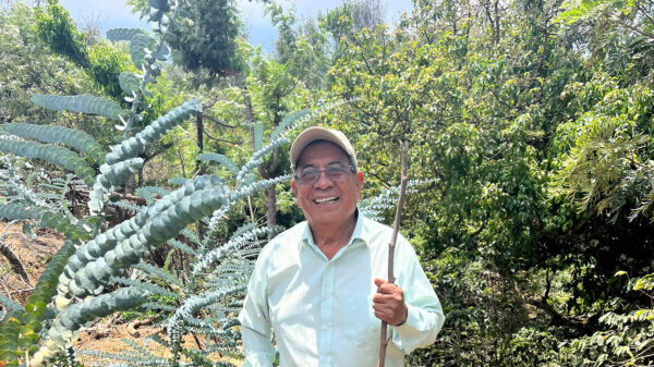 Fidel Raxcac&oacute; on his farm holding a wooden stick